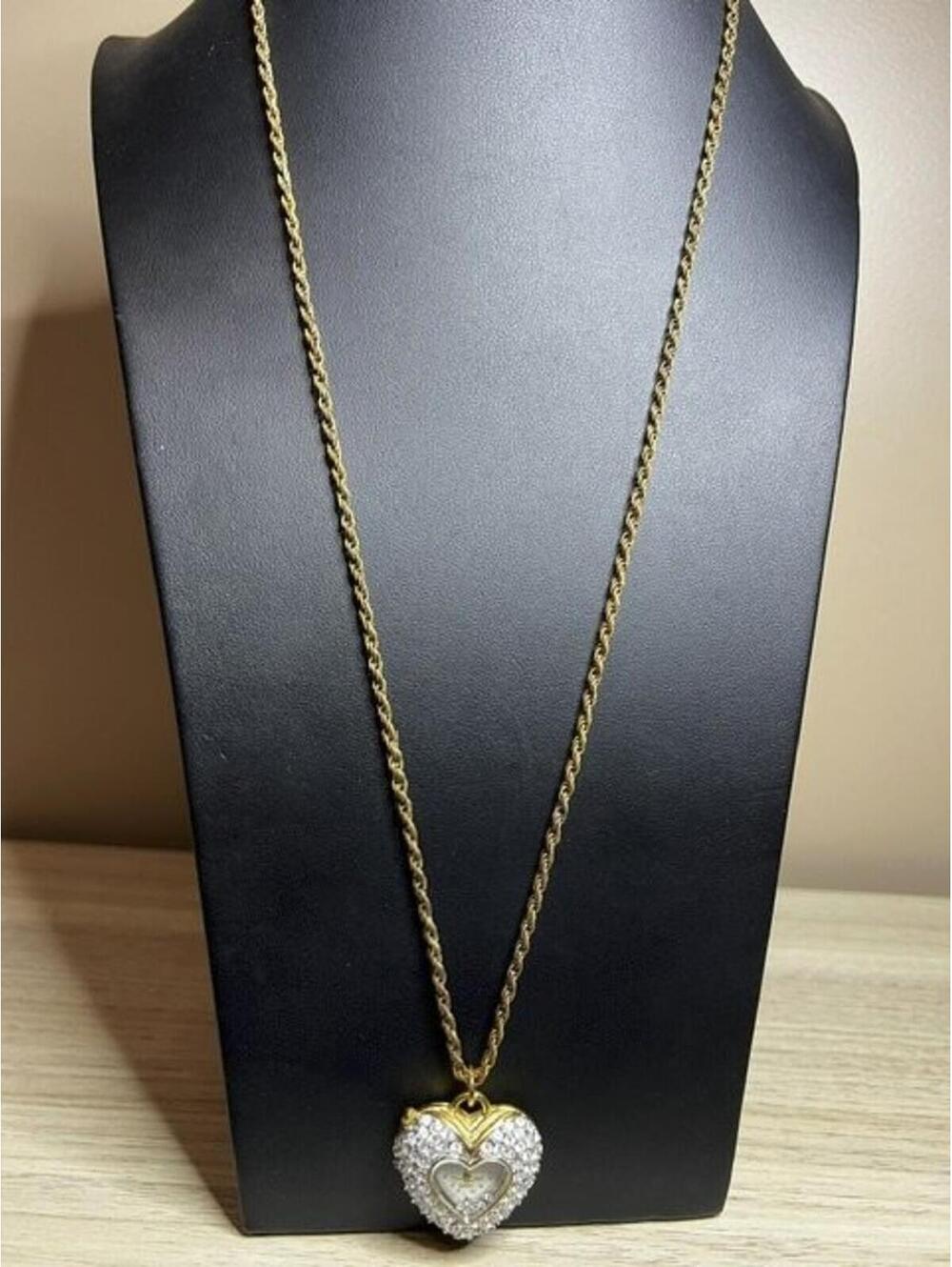 B4957 Gruen Heart Pendant Watch Necklace 28" Gold Tone chain Rhinestone Quartz *